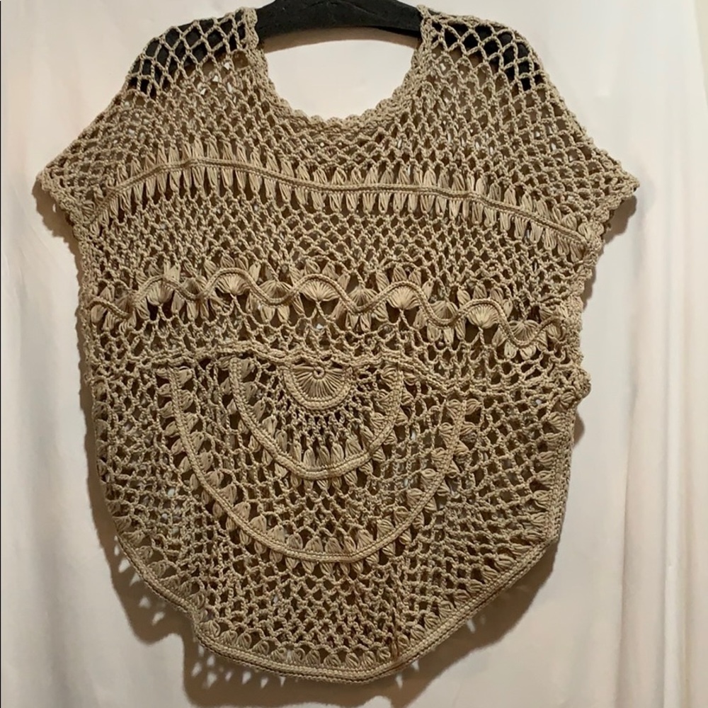 Crocheted sweater vest open weave tan